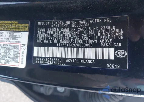 2007 Toyota Camry Le из США, поврежденный, VIN 4T1BE46K97U053093